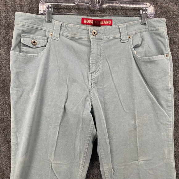 Guess Corduroy Pants Womens 34 Blue Mid Rise Flare Flap Pocket Ladies Hippie 90s - Picture 2 of 12